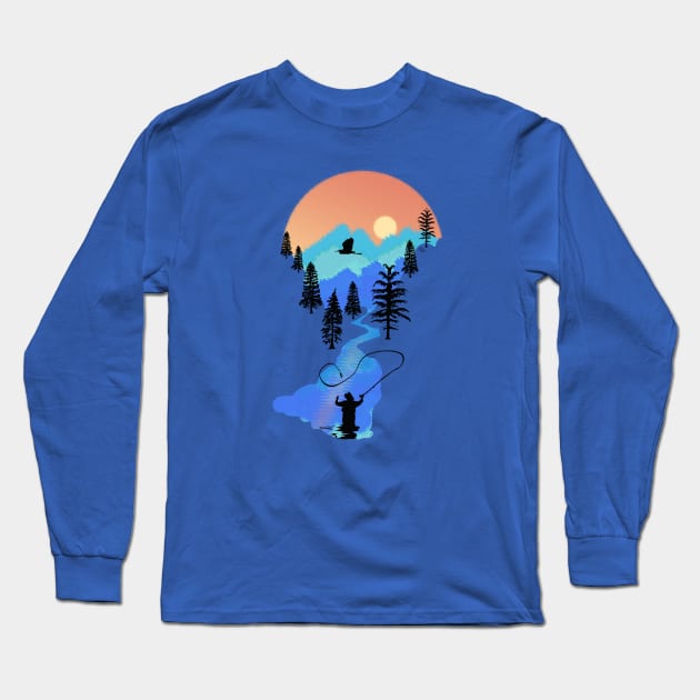 Fly Fishing Mountain Sunset by TeeCreations Long Sleeve T-Shirt by TeeCreations